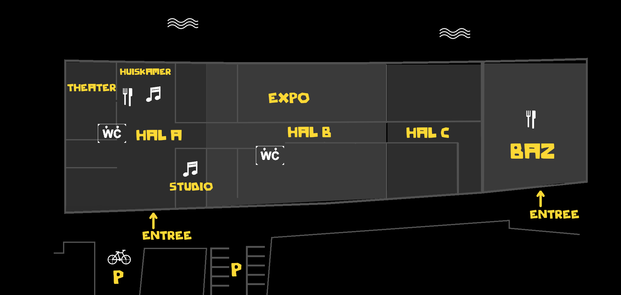 Plattegrond De Hellema — festivaloverzicht met Theater, Huiskamer, Expo, Hal A, B & C, Studio en BAZ